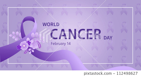 World Cancer Day. Calligraphy Poster Design. Realistic Lavender Ribbon. February 4 th is Cancer Awareness Day. Vector Illustration 112498627