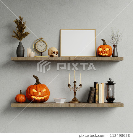 Halloween party in living room - decorations with lanterns and pumpkins , jack-o-lantern, modern classic style, 3D render 3D illustration 112498628