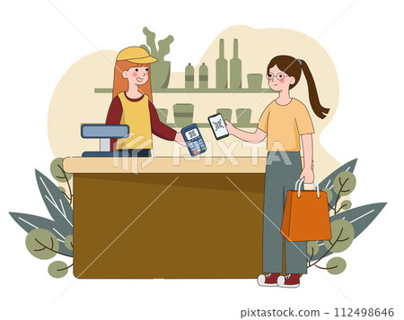 Customer use mobile cashless payment system or scan qr code. Characters using digital banking service and application Contactless pay. vector illustration 112498646