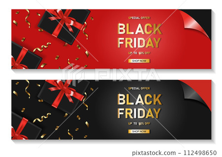 Black friday vertical sale banner set with realistic gift box and ribbon text on background. Vector illustration Black friday vertical sale banner set with realistic gift box and ribbon text on background. Vector illustration 112498650