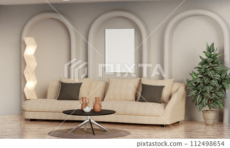 Living room with white picture frame mockup on white wall, minimalist armchair and plant, realistic lighting. Decorated home mockup , 3d rendering illustration Living room with white picture frame mockup on white wall, minimalist armchair and plant, realistic lighting. Decorated home mockup , 3d rendering illustration 112498654