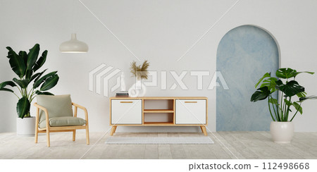 White minimalist living room interior with cabinet chair and plant on a wooden floor. Home Nordic interior. Scandinavian interior poster mock up. 3D render illustration 112498668