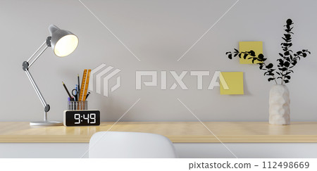 Creative workspace. Home office wood desk workspace. supplies on office workplace. Modern interior design concept. 3d rendering. 112498669