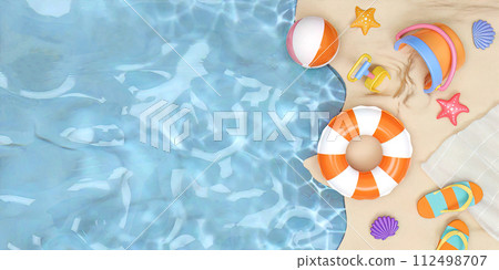 Top view on sea beach. summer vacation with beach towel, swimming ring, sandals, ball and sand bucket. Creative travel concept idea with copy space. illustration banner 3d rendering illustration Top view on sea beach. summer vacation with beach towel, swimming ring, sandals, ball and sand bucket. Creative travel concept idea with copy space. illustration banner 3d rendering illustration 112498707