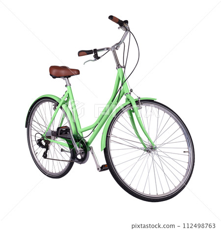 Green retro bicycle with brown saddle and handles, generic bike side view 112498763