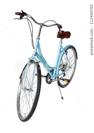 Blue retro bicycle with brown saddle and handles, generic bike front view Blue retro bicycle with brown saddle and handles, generic bike front view 112498765