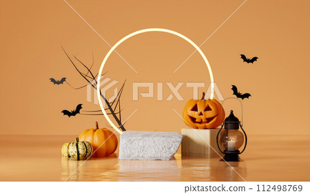 Halloween with pumpkin and empty minimal podium pedestal product display background and Halloween Elements. 3d render. Halloween with pumpkin and empty minimal podium pedestal product display background and Halloween Elements. 3d render. 112498769
