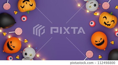 Halloween background with space for text. 3d render illustration. Top view. Halloween background with space for text. 3d render illustration. Top view. 112498800
