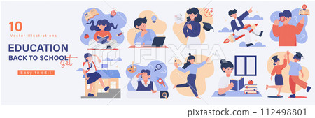 Education concept illustrations. Set of people vector illustrations in various activities of education, learning, reading book, online course and training, back to school. Education concept illustrations. Set of people vector illustrations in various activities of education, learning, reading book, online course and training, back to school. 112498801