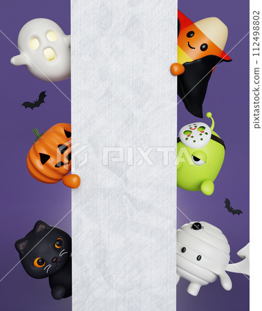3d Halloween character with paper for text. Happy Halloween concept. Traditional october holiday. copy space. 3d render. 112498802