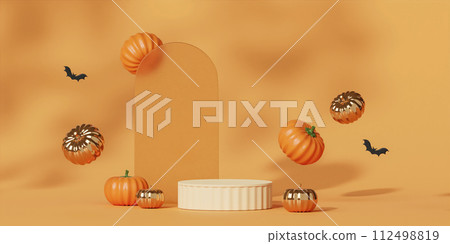 Halloween with pumpkin and empty minimal podium pedestal product display background and Halloween Elements. 3d render. Halloween with pumpkin and empty minimal podium pedestal product display background and Halloween Elements. 3d render. 112498819