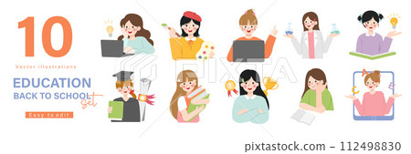 Education concept illustrations. Set of people vector illustrations in various activities of education, learning, reading book, online course and training, back to school. Education concept illustrations. Set of people vector illustrations in various activities of education, learning, reading book, online course and training, back to school. 112498830