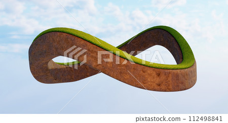 3d of infinity environment concept. infinite earth land with green grass isolated. Eco and circular economy concept. Earth land with green grass isolated on sunset orange sky background. 112498841