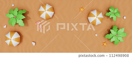 3d render top view. summer beach scene and palm leaves, umbrella. Summer time season background. 3d render top view. summer beach scene and palm leaves, umbrella. Summer time season background. 112498908