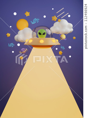 3d Creative cartoon space design with ufo alien with planets and space accessory on dark purple background. banner, 3d render illustration 112498924