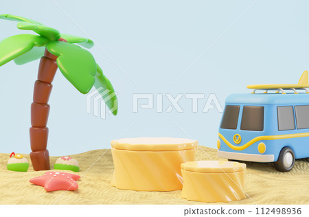 3d Summer tropical sand beach on a sunny day with yellow podium display, coconut trees, and van. Creative travel concept idea with copy space. illustration banner 3d rendering illustration 112498936