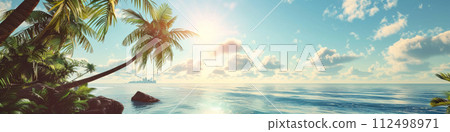 Island Daydream, Serene Beach Morning with Sunlit Palms. Vacation banner. Tourism and travel concept 112498971