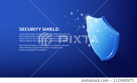Security concept with shiny polygonal isometric shield and copy space on dark blue background. Protection applications. Vector for website or banner. Security concept with shiny polygonal isometric shield and copy space on dark blue background. Protection applications. Vector for website or banner. 112498975