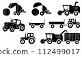 A set of agricultural machinery silhouettes isolated on white background. Combine harvester and tractor with trailer. Clipart. 112499017