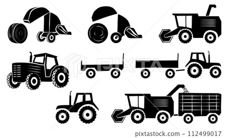 A set of agricultural machinery silhouettes isolated on white background. Combine harvester and tractor with trailer. Clipart. 112499017
