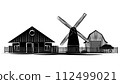 Set of silhouette scenes from farm life with house, barn and windmill isolated on white background. Rural clipart. 112499021