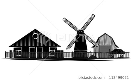 Set of silhouette scenes from farm life with house, barn and windmill isolated on white background. Rural clipart. Set of silhouette scenes from farm life with house, barn and windmill isolated on white background. Rural clipart. 112499021