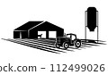 Silhouette scene from farm life with barn and tractor isolated on white background. Rural clipart. 112499026