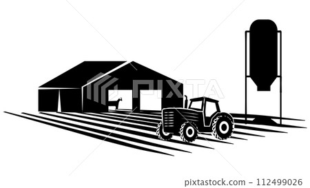 Silhouette scene from farm life with barn and tractor isolated on white background. Rural clipart. Silhouette scene from farm life with barn and tractor isolated on white background. Rural clipart. 112499026