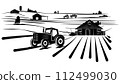 Silhouette scene from farm life with fields with tractors, barns and houses isolated on white background. Rural clipart. 112499030