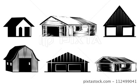 Set of silhouette farm barns and houses isolated on white background. Rural clipart. 112499041