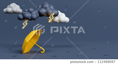 3d Yellow umbrella under rain cloud on dark gray background. 3d rendering illustration. 112499097