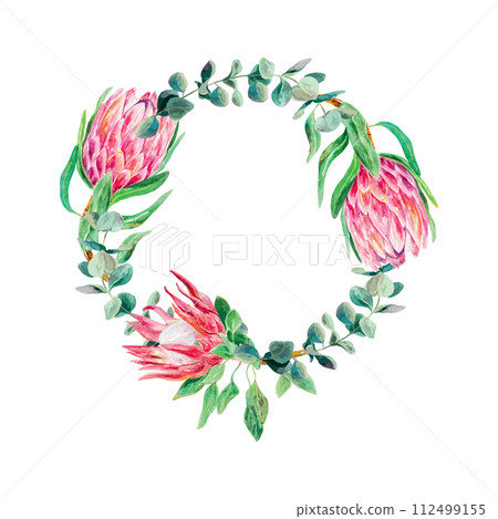 Protea watercolor wreath. Vector illustration of a bouquet of pink flowers. Design element for cards, wedding invitations, banners, covers, labels. Protea watercolor wreath. Vector illustration of a bouquet of pink flowers. Design element for cards, wedding invitations, banners, covers, labels. 112499155