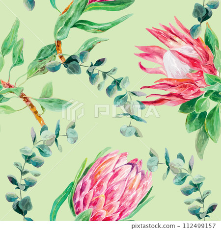 Protea watercolor, eucalyptus pattern. Vector illustration of pink flowers. Design for wrapping paper, textile, wallpaper, fabric, cover, scrapbooking 112499157