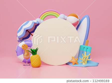 Summer time 3d illustration design with white circle for text and colorful beach elements. Creative summer concept idea. illustration banner. 3d rendering illustration Summer time 3d illustration design with white circle for text and colorful beach elements. Creative summer concept idea. illustration banner. 3d rendering illustration 112499169