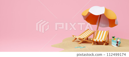 Beach Chair, Umbrella and bag , Summer holiday, Time to travel concept. Creative travel concept idea with copy space. illustration banner 3d rendering illustration Beach Chair, Umbrella and bag , Summer holiday, Time to travel concept. Creative travel concept idea with copy space. illustration banner 3d rendering illustration 112499174