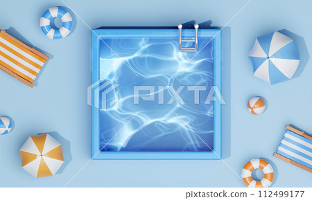 Swimming pool with Beach chair, swimming ring, ball and umbrella. Summer vacation vibes. Creative travel concept idea with copy space. 3d rendering illustration 112499177