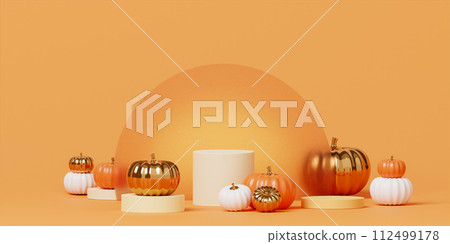 Halloween with pumpkin and empty minimal podium pedestal product display background and Halloween Elements. 3d render. 112499178