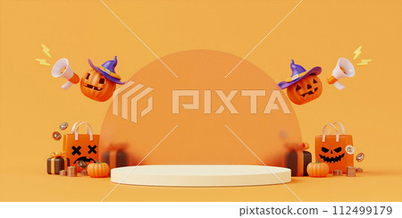 Halloween with pumpkin and empty minimal podium pedestal product display background and Halloween Elements. 3d render. 112499179