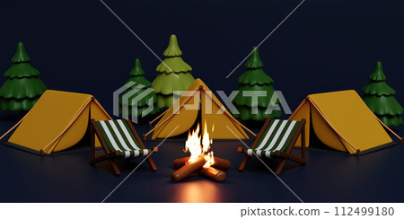 3d Night and dark Campsite in nature and elements for camping, summer camp, camp fire, trip, hiking. Concept. 3d rendering illustration. 112499180