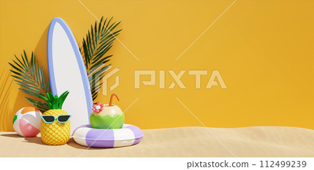 surfboard with coconut in swimming ring, and beach accessories. summer vacation and holidays concept copy space. 3d illustration. banner 3d rendering illustration surfboard with coconut in swimming ring, and beach accessories. summer vacation and holidays concept copy space. 3d illustration. banner 3d rendering illustration 112499239