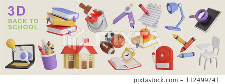 Collection of 3d back to school icon minimal 3D Illustration School Education. Collection of 3d back to school icon minimal 3D Illustration School Education. 112499241