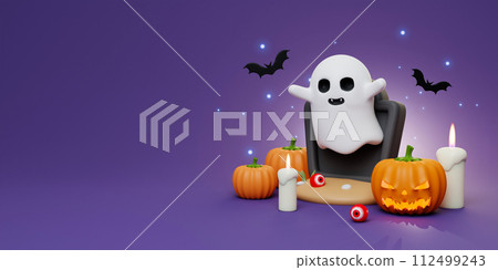 Happy Halloween Festive. Halloween white ghost cute smile face. 3d cartoon style. Holiday Hallows' Eve or Saints' Eve. copy space. 3d render. Happy Halloween Festive. Halloween white ghost cute smile face. 3d cartoon style. Holiday Hallows' Eve or Saints' Eve. copy space. 3d render. 112499243