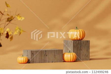 Halloween wood podium with pumpkins with maple leaf on orange background . podium pedestal product display background and Halloween Elements. 3d render. 112499246