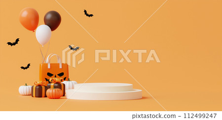 Halloween with pumpkin and empty minimal podium pedestal product display background and Halloween Elements. 3d render. 112499247