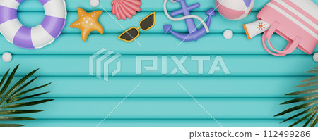 3d beach accessories on pastel blue floor. summer vacation and holidays concept copy space. 3d illustration. banner 3d rendering illustration. 3d beach accessories on pastel blue floor. summer vacation and holidays concept copy space. 3d illustration. banner 3d rendering illustration. 112499286