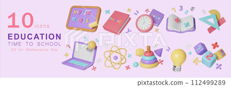 3D back to school icon set, For mathematics day and Pie day concept, Render school symbol for education, Realistic 3d high quality render 3D back to school icon set, For mathematics day and Pie day concept, Render school symbol for education, Realistic 3d high quality render 112499289