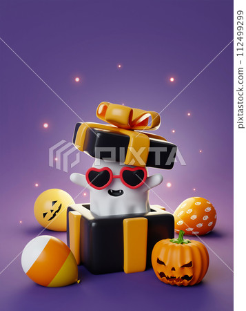Happy Halloween Festiv. A ghost emerges from a gift box with balloon and pumpkin on purple background. Holiday Hallows' Eve or Saints' Eve. copy space. 3d render. 112499299