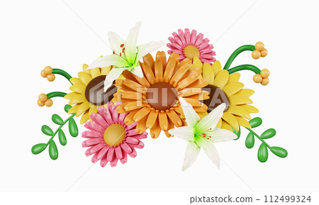 3d decorative flowers. Colorful spring bouquet. Floral arrangement garland. icon isolated on white background. 3d rendering illustration. Clipping path. 3d decorative flowers. Colorful spring bouquet. Floral arrangement garland. icon isolated on white background. 3d rendering illustration. Clipping path. 112499324
