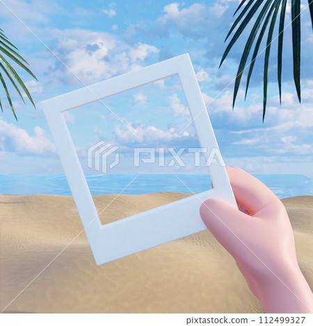 3d illustration of a tropical island. hand hold blank picture frame on a beach. Travel and vacation concept. Concept of summer. illustration banner 3d rendering illustration 112499327