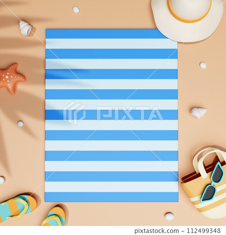 Flat lay summer vacation with beach towel, sandal, bag, sunglasses and hat. summer beach scene and shadow of palm leaves. illustration banner 3d rendering illustration Flat lay summer vacation with beach towel, sandal, bag, sunglasses and hat. summer beach scene and shadow of palm leaves. illustration banner 3d rendering illustration 112499348